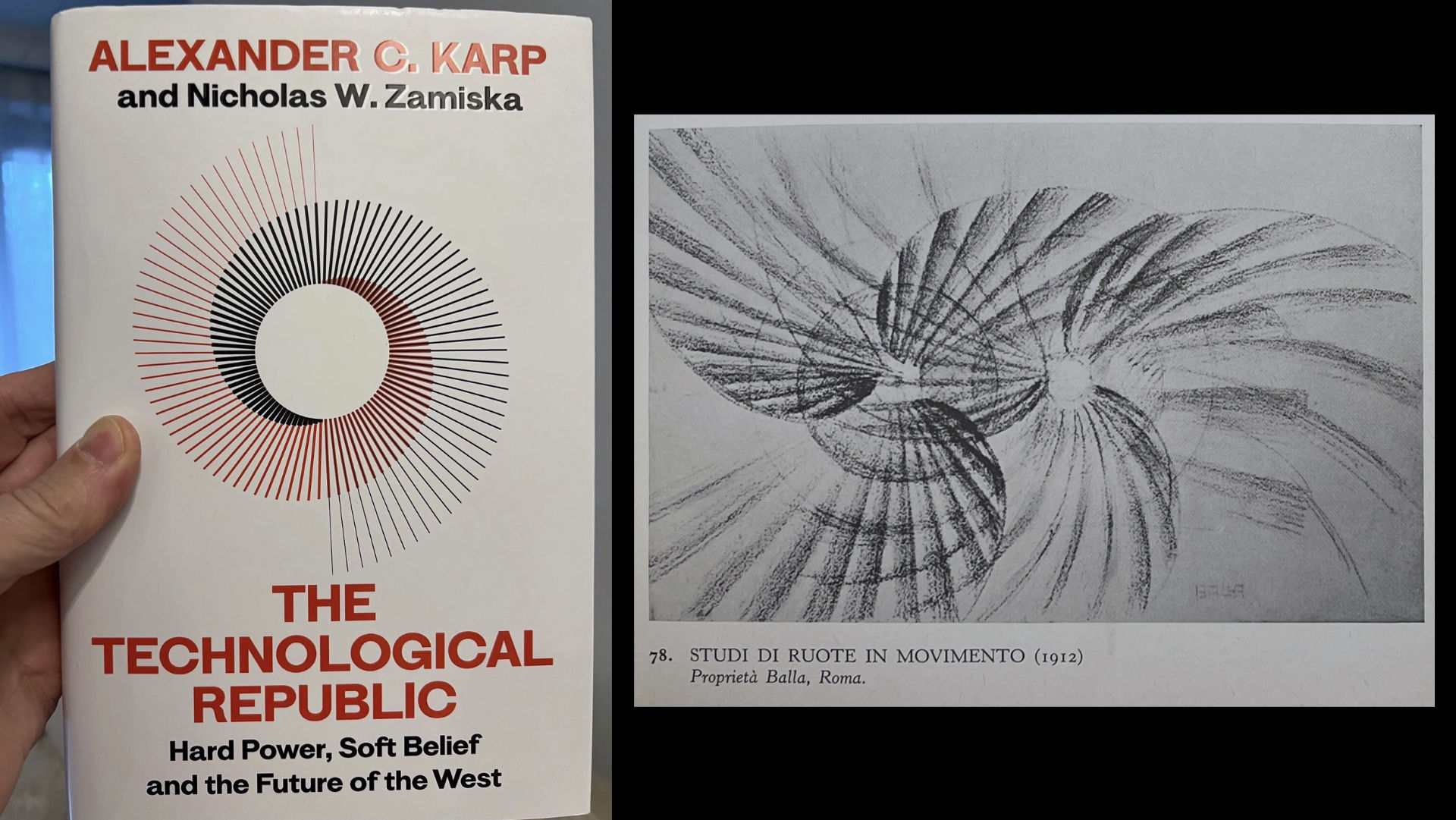 Alexander Karp's The Technological Republic cover beside Giacomo Balla Futurist study, 1912