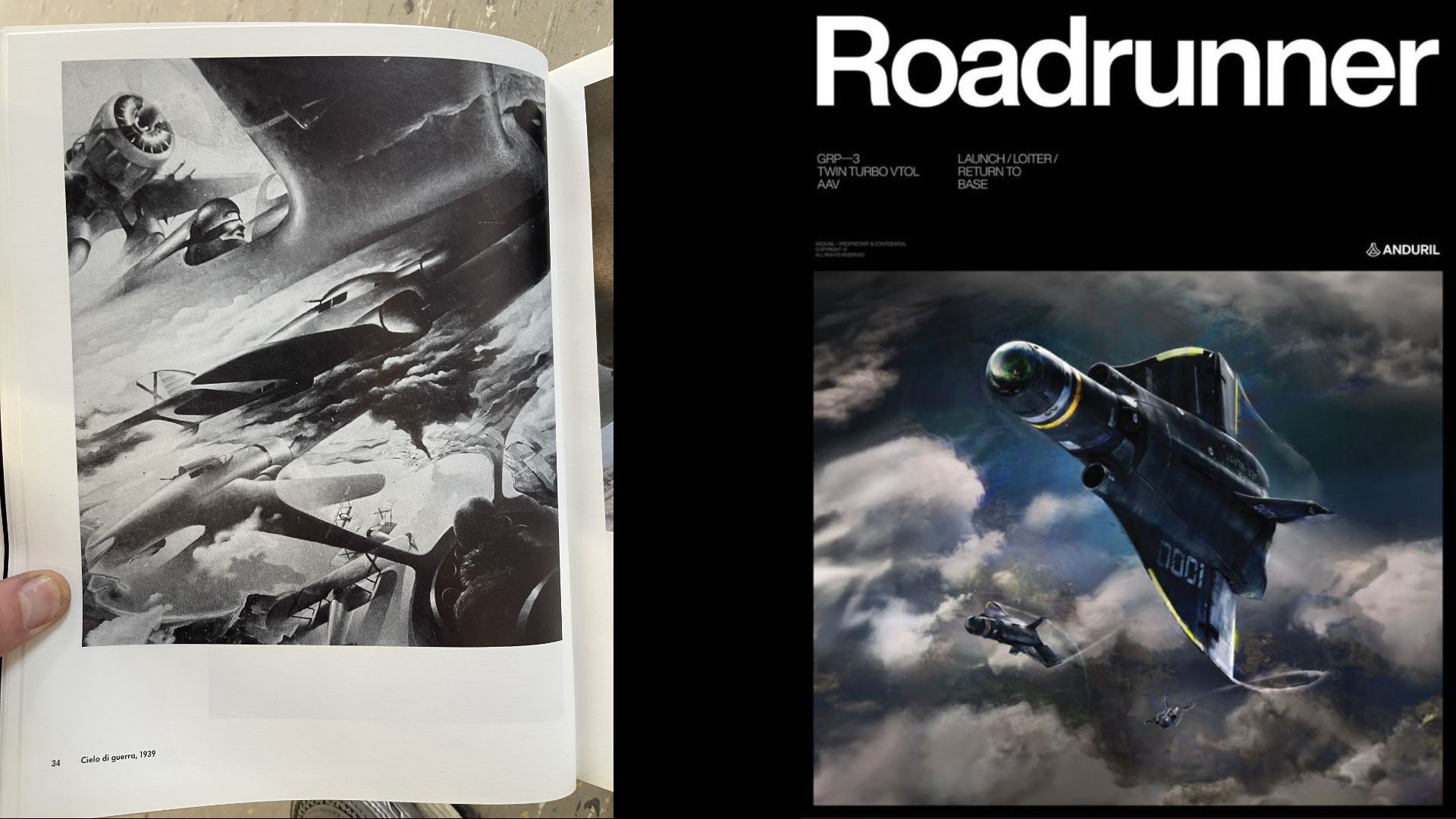 Tullio Crali, Cielo di Guerra, 1993, paired with Anduril Roadrunner drone ad